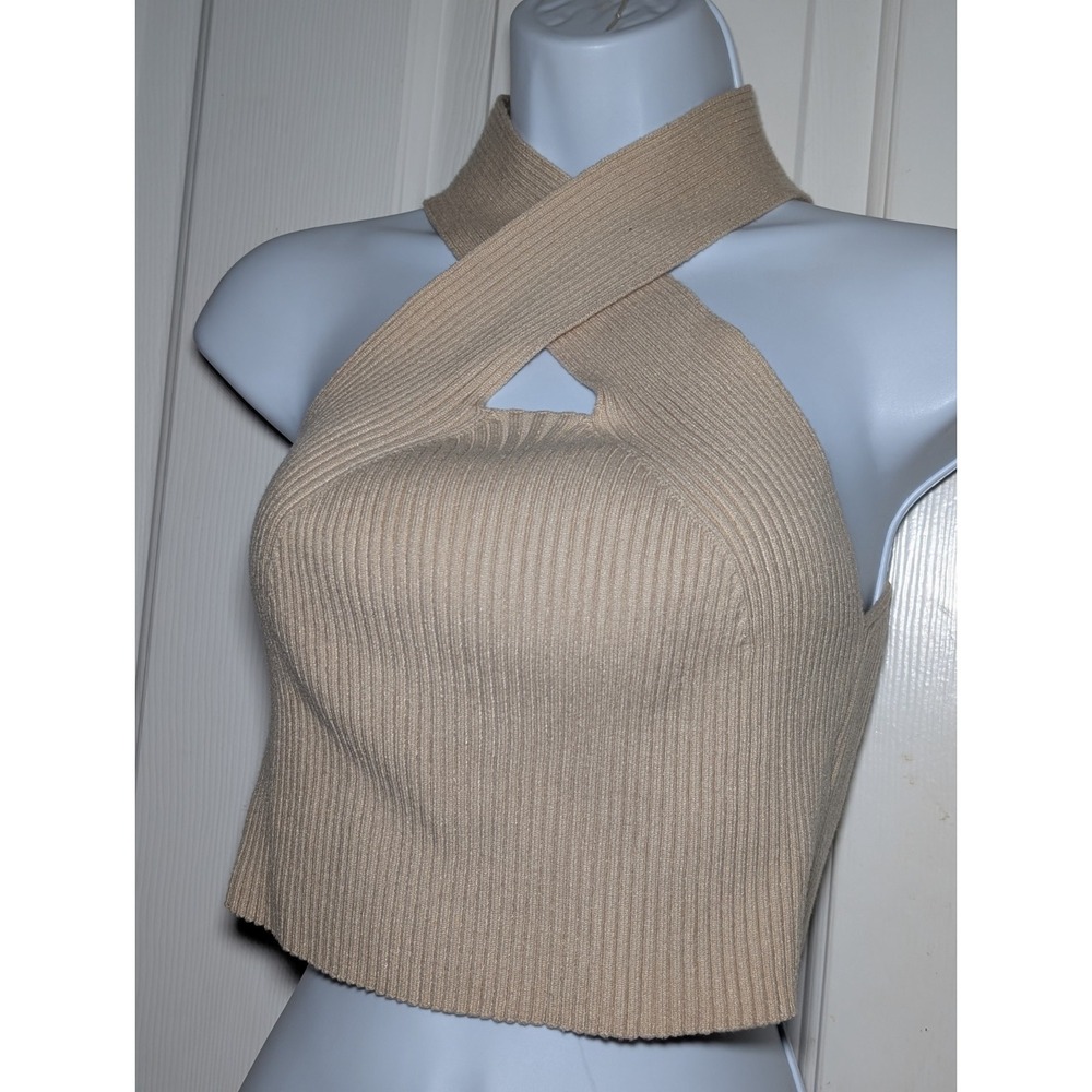 Cider Women's Size Small Cross Halter Crop Top Beige Tan Ribbed‎ Fabric